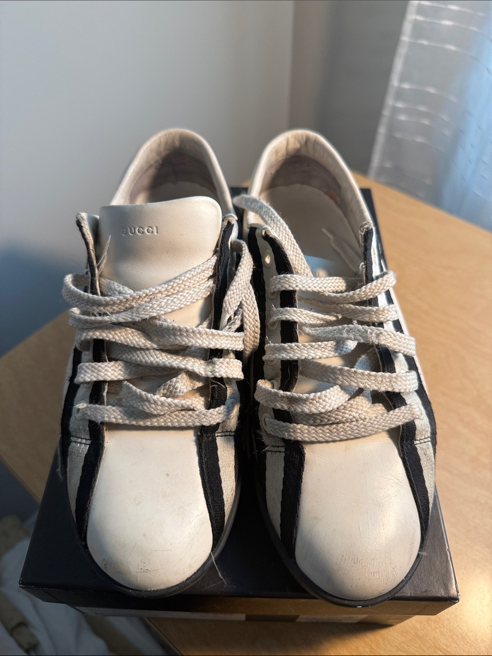 Vintage Gucci Latte Leather Sneakers with Black Stripe Accents